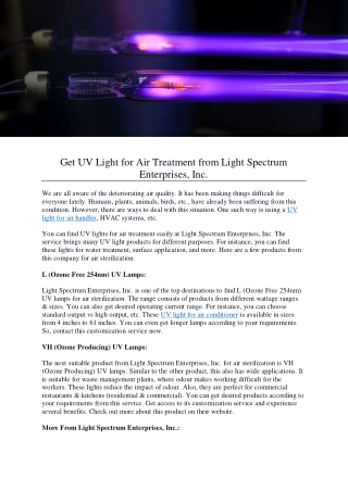 Get UV Light for Air Treatment from Light Spectrum Enterprises, Inc.