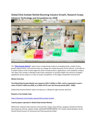 Global Ethyl Acetate Market Booming Industry Growth, Research Scope, Advance.