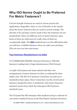 Why ISO Norms Ought to Be Preferred For Metric Fasteners