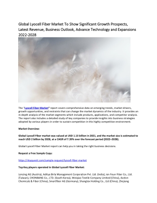 Global Lyocell Fiber Market To Show Significant Growth Prospects, Latest Revenue