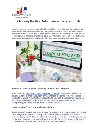 Choosing the Best Auto Loan Company in Florida