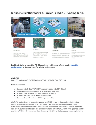 Industrial Motherboard Supplier in India - Dynalog India