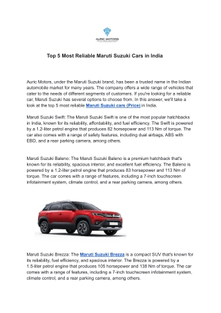 Top 5 Most Reliable Maruti Suzuki Cars in India