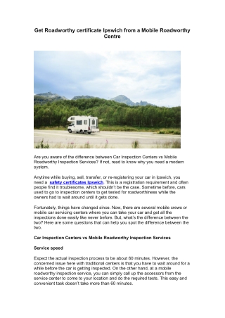 Get Roadworthy certificate Ipswich from a Mobile Roadworthy Centre