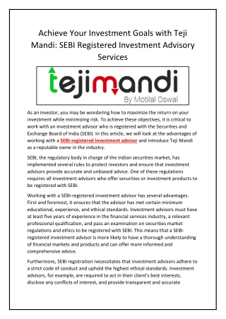 Achieve Your Investment Goals with Teji Mandi SEBI Registered Investment Advisory Services