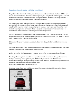 Range Rover Sport Rental Car - AKFA Car Rental Dubai