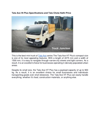 Tata Ace Ht Plus Specifications and Tata Chota Hathi Price