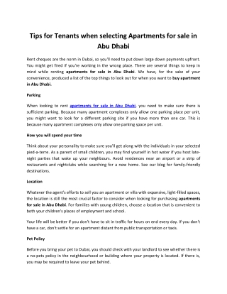 Tips for Tenants when selecting Apartments for sale in Abu Dhabi