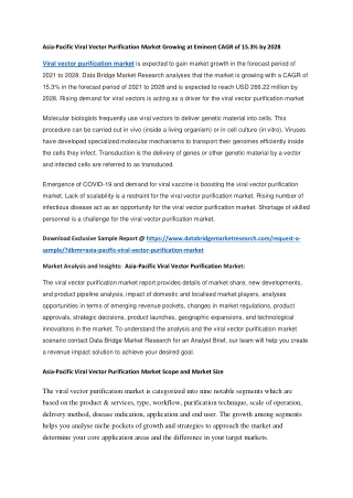 Asia-Pacific Viral Vector Purification Market Growing at Eminent CAGR of 15.3 by 2028