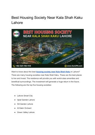 Best Housing Society Near Kala Shah Kaku Lahore