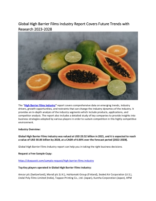 Global High Barrier Films Industry Report Covers Future Trends with Research.