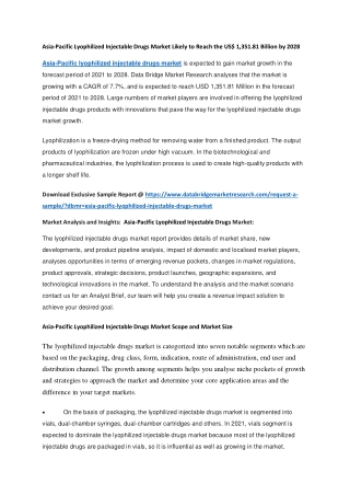 Asia-Pacific Lyophilized Injectable Drugs Market Likely to Reach the US 1,351.81 Billion by 2028