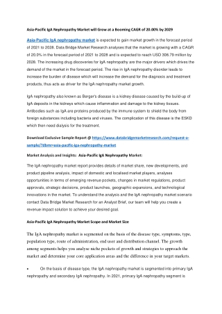 Asia-Pacific IgA Nephropathy Market will Grow at a Booming CAGR of 20.00 by 2029