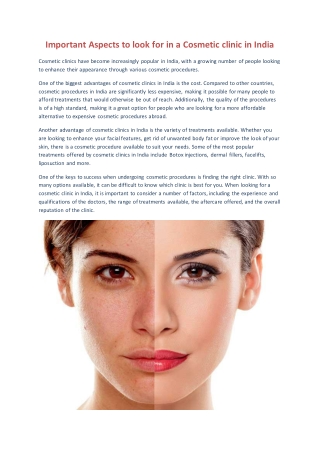 Important Aspects to look for in a Cosmetic clinic in India