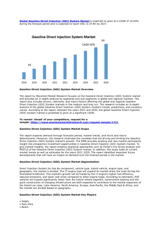 Gasoline Direct Injection (GDI) System Market to Observe Massive Growth by 2029