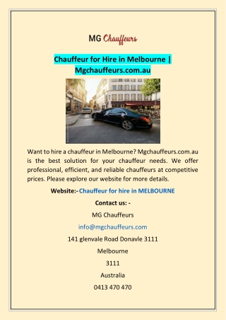 Chauffeur for Hire in Melbourne | Mgchauffeurs.com.au