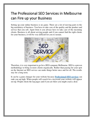 The Professional SEO Services in Melbourne can Fire up your Business