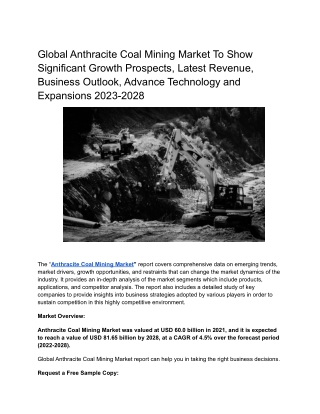 Global Anthracite Coal Mining Market To Show Significant Growth Prospects