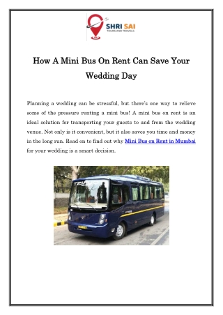 Mini Bus on Rent in Mumbai | Call  91- 7414977033 | Shri Sai Tours and Travels