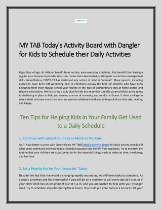 MY TAB Today's Activity Board with Dangler for Kids to Schedule their Daily Acti