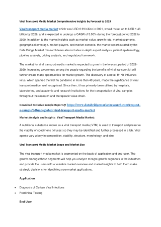 Viral Transport Media Market Comprehensive Insights by Forecast to 2029