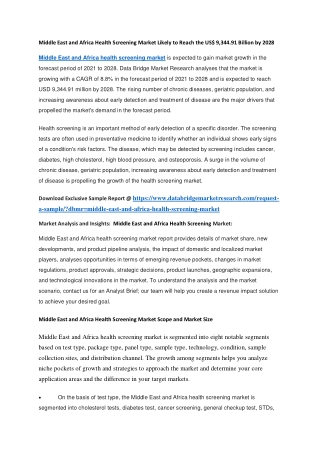 Middle East and Africa Health Screening Market Likely to Reach the US 9,344.91 Billion by 2028