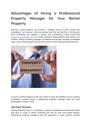 Advantages of Hiring a Professional Property Manager for Your Rental Property