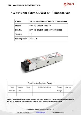 1G 1610nm 80km CDWM SFP Transceiver