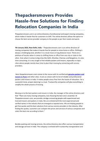 Thepackersmovers Provides Hassle-free Solutions for Finding Relocation Companies in India