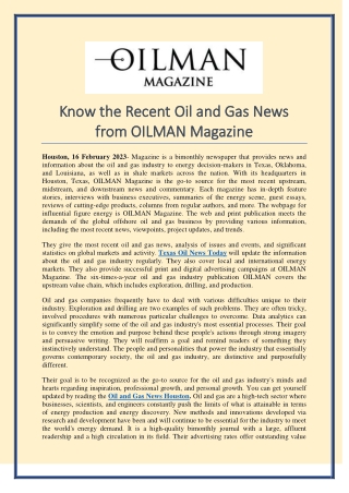 Know the Recent Oil and Gas News from OILMAN Magazine