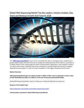 Global DNA Sequencing Market Top Key Leaders, Industry Analysis, Size, Share.