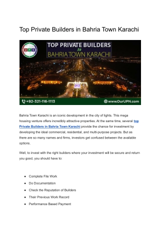 Top Private Builders in Bahria Town Karachi