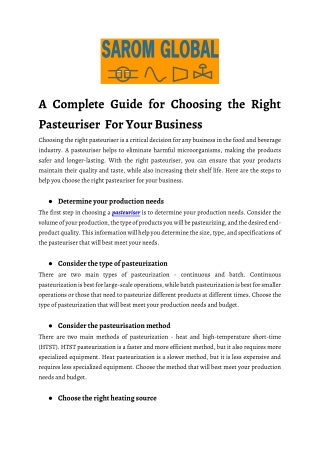 A Complete Guide for Choosing the Right Pasteuriser for Your Business