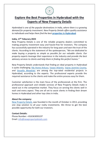 Explore the Best Properties in Hyderabad with the Experts of New Property Detail