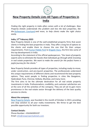 New Property Details Lists All Types of Properties in India