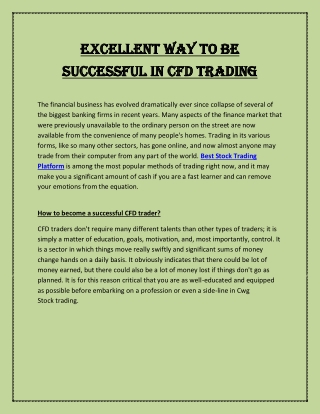 Excellent Way to Be Successful in CFD Trading