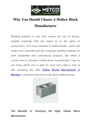 Hollow Blocks Manufacturer in Mumbai  Call-8484930580