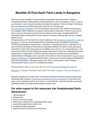 Benefits Of Pure Earth Farm Lands in Bangalore