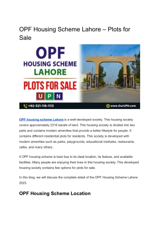 OPF Housing Scheme Lahore – Plots for Sale