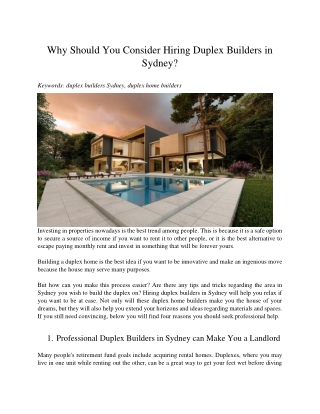 Why Should You Consider Hiring Duplex Builders in Sydney