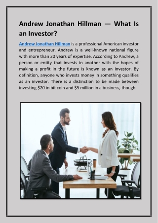 Andrew Jonathan Hillman — What Is an Investor
