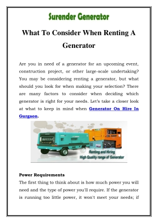 Generator On Hire In Gurgaon Call-9810037192