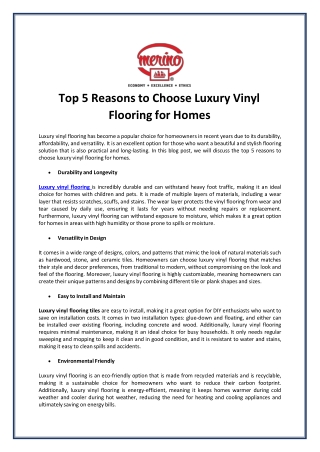 Top 5 Reasons to Choose Luxury Vinyl Flooring for Homes