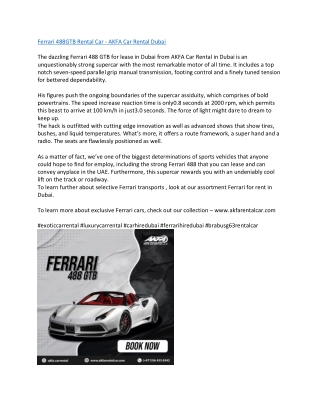 Ferrari 488GTB Rental Car - AKFA Car Rental Dubai