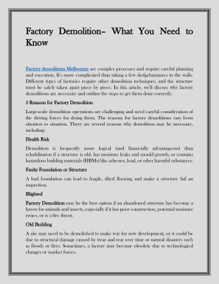 Factory Demolition– What You Need to Know