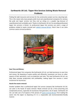 Earthworks UK Ltd.: Tipper Hire Services Solving Waste Removal Problems