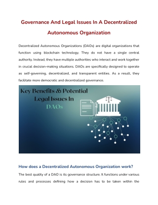 Governance And Legal Issues In A Decentralized Autonomous Organization