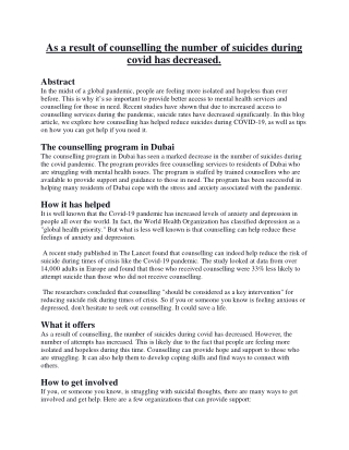 As A Result Of Counselling The Number Of Suicides During Covid Has Decreased.