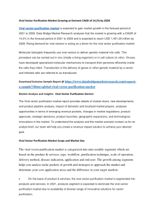 Viral Vector Purification Market Growing at Eminent CAGR of 14.2 by 2028