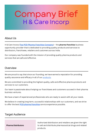 Best Pharma Franchise Company |  H & Care Incorp